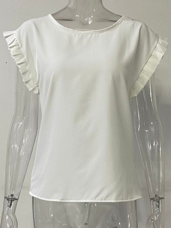 Ruffled Round Neck Cap Sleeve Blouse-Teresa's Fashionista LLC