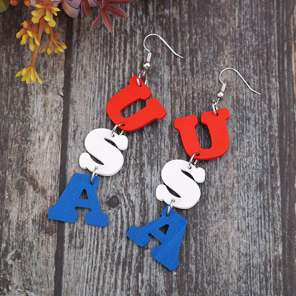 USA Wooden Letter Dangle Earrings-Teresa's Fashionista LLC