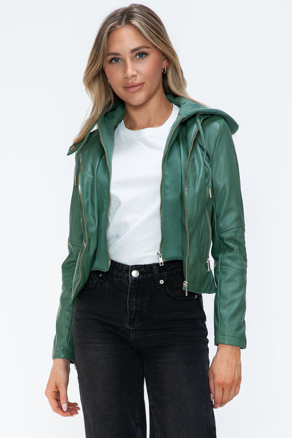 Snobbish Faux Leather Zip Up Drawstring Hooded Jacket - Teresa's Fashionista LLC