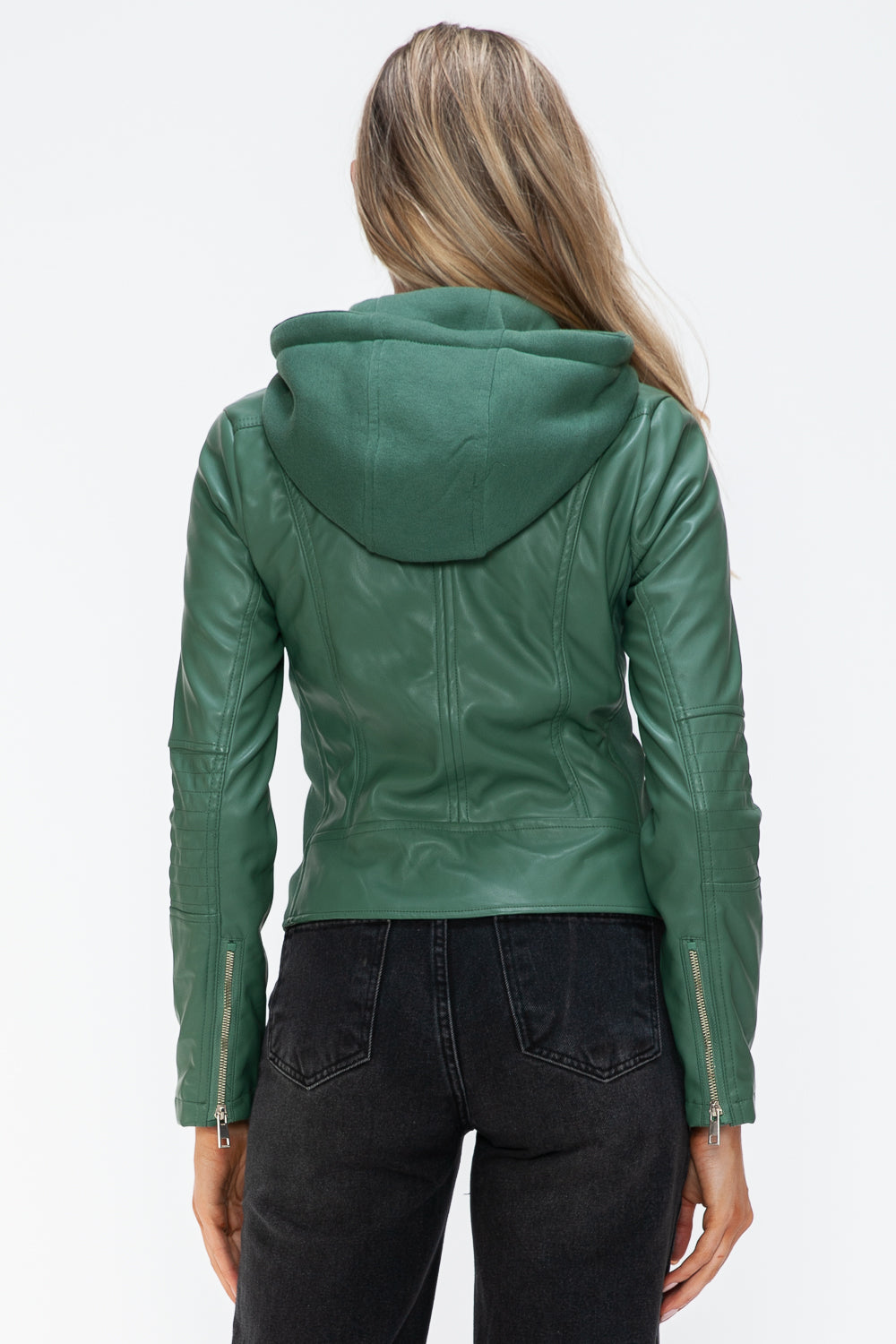 Snobbish Faux Leather Zip Up Drawstring Hooded Jacket - Teresa's Fashionista LLC