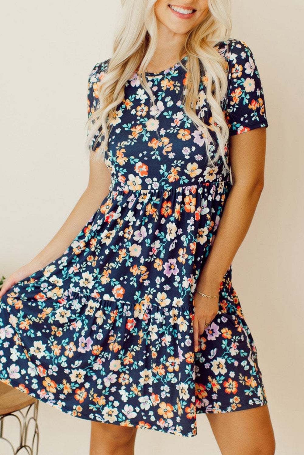 Floral Round Neck Short Sleeve Mini Dress-Teresa's Fashionista LLC