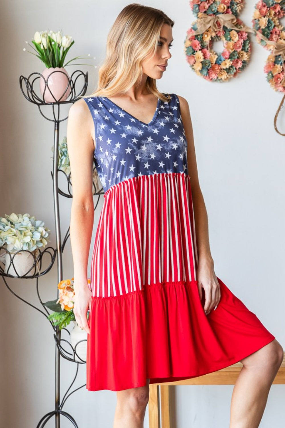Heimish Full Size US Flag Theme Contrast Tank Dress-Teresa&#39;s Fashionista LLC