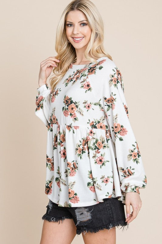 Super Lady Full Size Babydoll Floral Boat Neck Long Sleeve Blouse - Teresa's Fashionista LLC