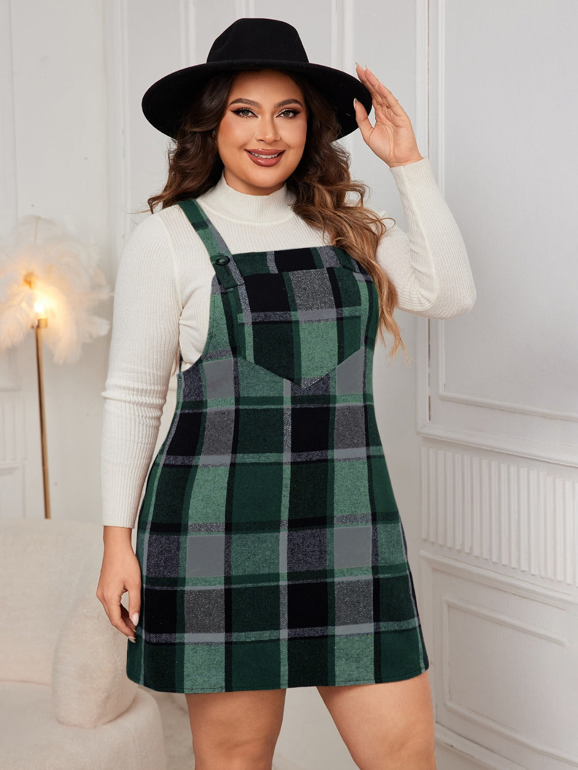 Honey Plus Size Plaid Wide Strap Overall Dress - Teresa's Fashionista LLC