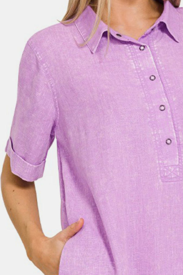 Zenana Washed Linen Raw Hem Dress with Pockets-Teresa's Fashionista LLC