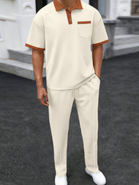 Men's Full Size Waffle-Knit Contrast Polo and Pants Set Plus Size