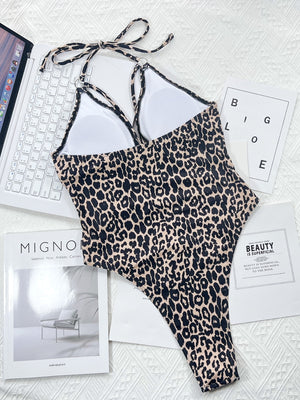 Leopard Cutout Halter Neck One-Piece Swimwear-Teresa's Fashionista LLC