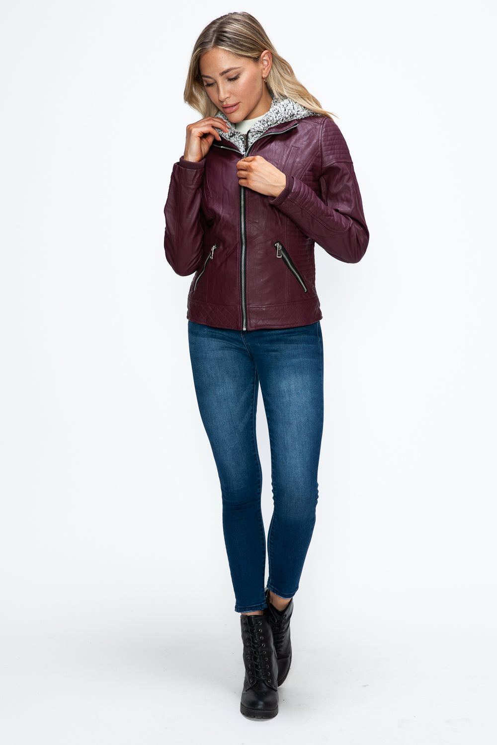 YMI Faux Layered Double-Zipper Jacket with Fuzzy Hood - Teresa's Fashionista LLC