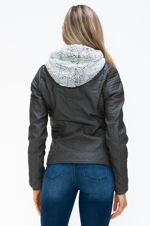 YMI Faux Layered Double-Zipper Jacket with Fuzzy Hood - Teresa's Fashionista LLC