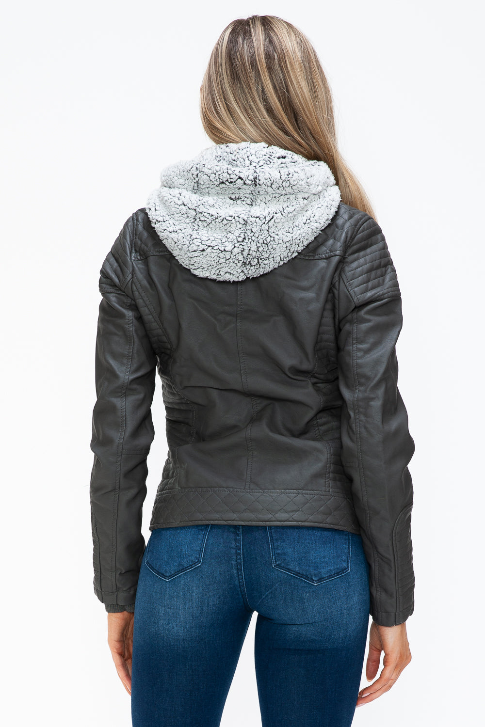 YMI Faux Layered Double-Zipper Jacket with Fuzzy Hood - Teresa's Fashionista LLC