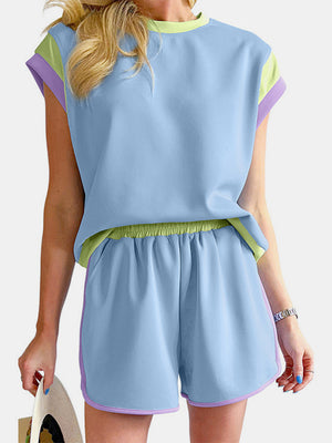 Contrast Round Neck Top and Shorts Set-Teresa's Fashionista LLC