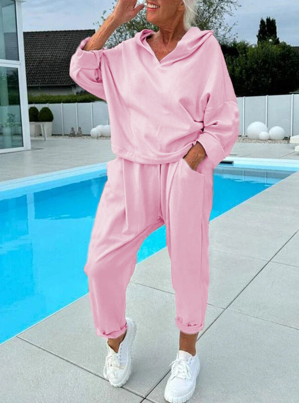 Women's Solid Color Hooded Sweatshirt Two-piece Set - Teresa's Fashionista LLC