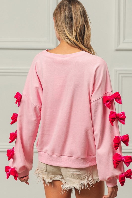 BiBi Velvet Ribbon Bows Long Sleeve Round Neck Sweatshirt - Teresa's Fashionista LLC