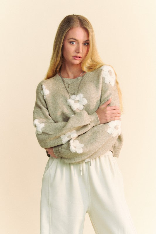 Davi & Dani Floral Drop Shoulder Cropped Sweater - Teresa's Fashionista LLC