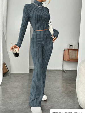 Long Sleeve Turtlenecks Wide Leg High Waist Trousers Suit - Teresa's Fashionista LLC