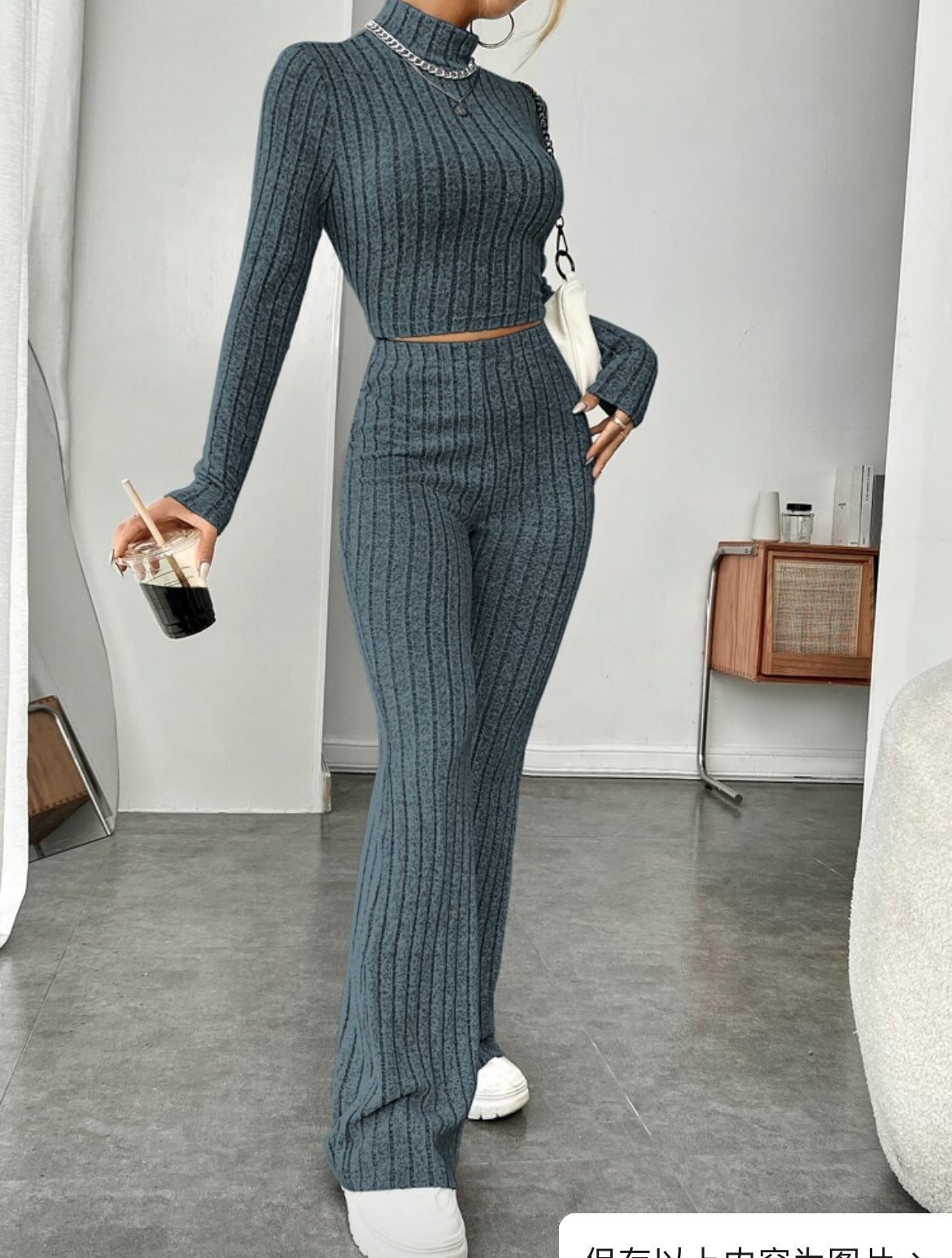 Long Sleeve Turtlenecks Wide Leg High Waist Trousers Suit - Teresa's Fashionista LLC