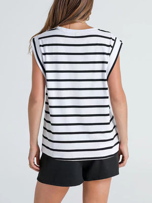 Striped Round Neck Cap Sleeve T-Shirt-Teresa's Fashionista LLC