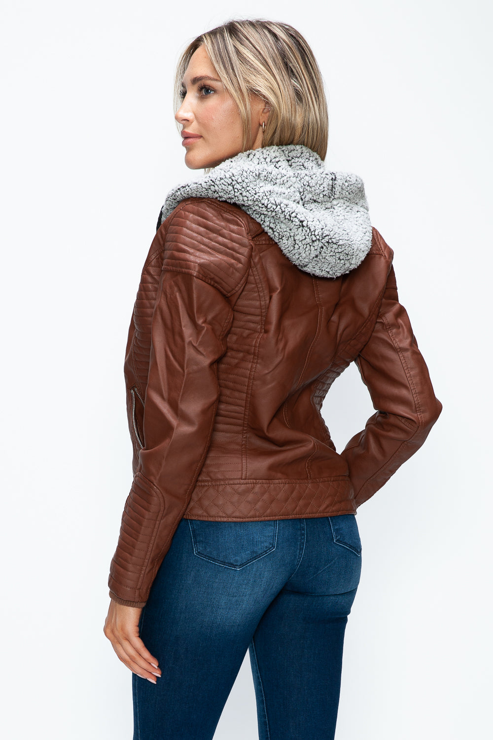 YMI Faux Layered Double-Zipper Jacket with Fuzzy Hood - Teresa's Fashionista LLC