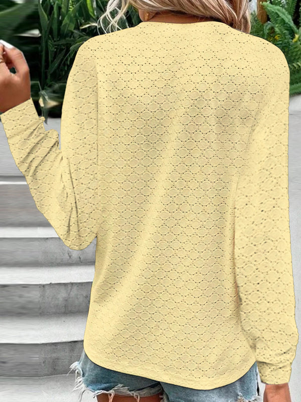 Eyelet Notched Long Sleeve T-Shirt-Teresa's Fashionista LLC