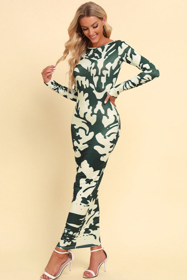 Printed Backless Long Sleeve Maxi Dress-Teresa's Fashionista LLC