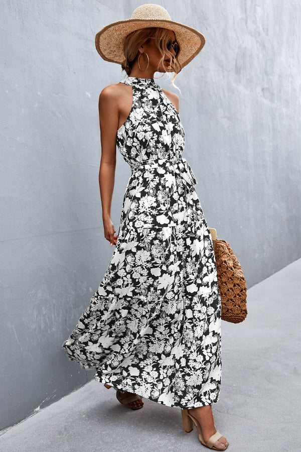 Printed Sleeveless Tie Waist Maxi Dress-Teresa's Fashionista LLC