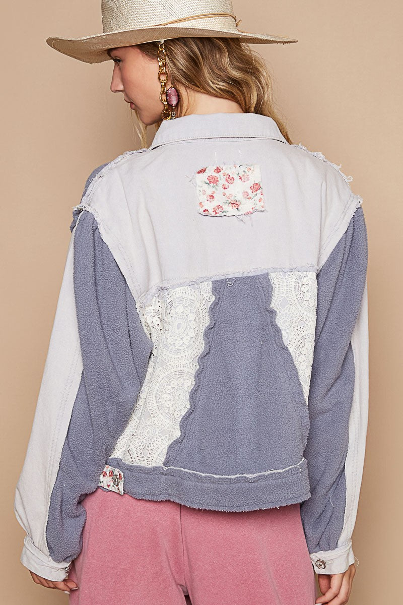 POL Crochet Patch Exposed Seam Button Up Jacket - Teresa's Fashionista LLC
