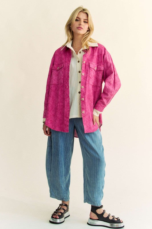 Davi & Dani Curved Hem Diamond Quilted Button Up Denim Shacket - Teresa's Fashionista LLC