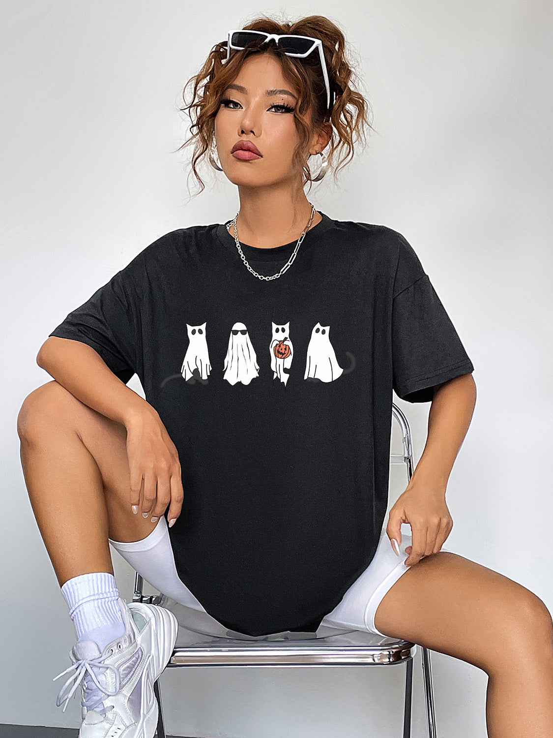 Round Neck Short Sleeve Ghost Graphic T-Shirt - Teresa's Fashionista LLC