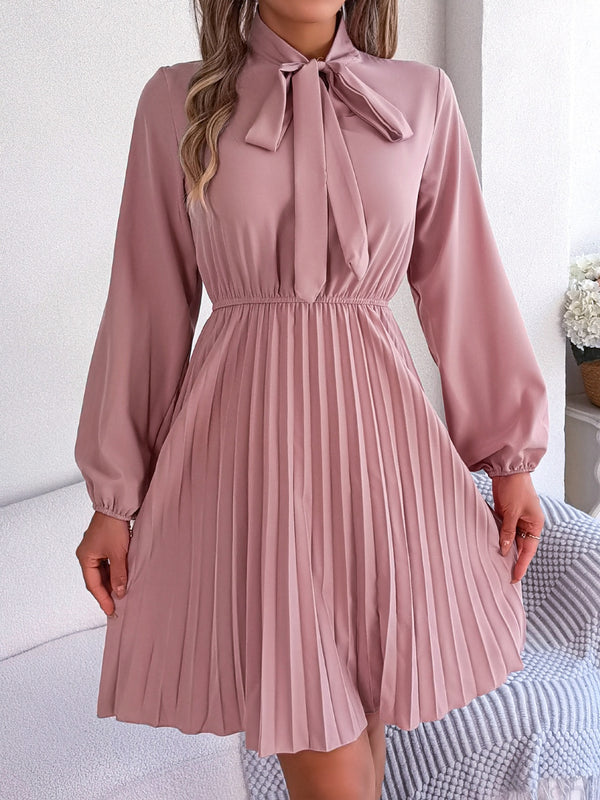 Tie Neck Balloon Sleeve Pleated Dress-Teresa's Fashionista LLC