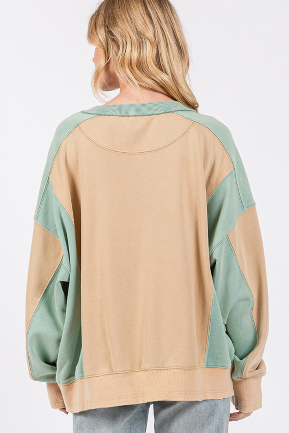 SAGE + FIG Color Block Round Neck Sweatshirt - Teresa's Fashionista LLC
