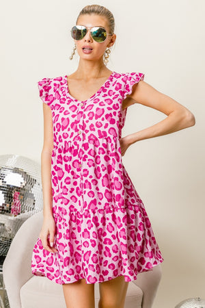 BiBi Leopard Cap Sleeve Tiered Mini Dress-Teresa's Fashionista LLC
