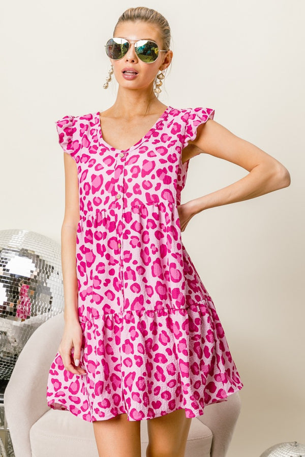 BiBi Leopard Cap Sleeve Tiered Mini Dress-Teresa's Fashionista LLC