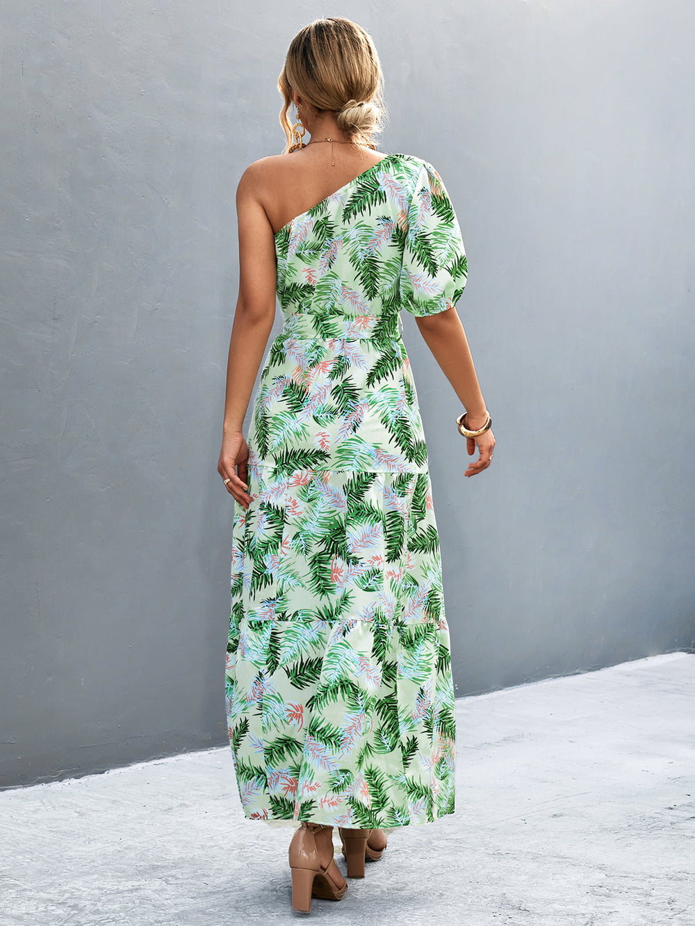 Printed Tie Waist One Shoulder Maxi Dress-Teresa's Fashionista LLC