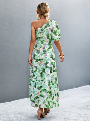 Printed Tie Waist One Shoulder Maxi Dress-Teresa's Fashionista LLC