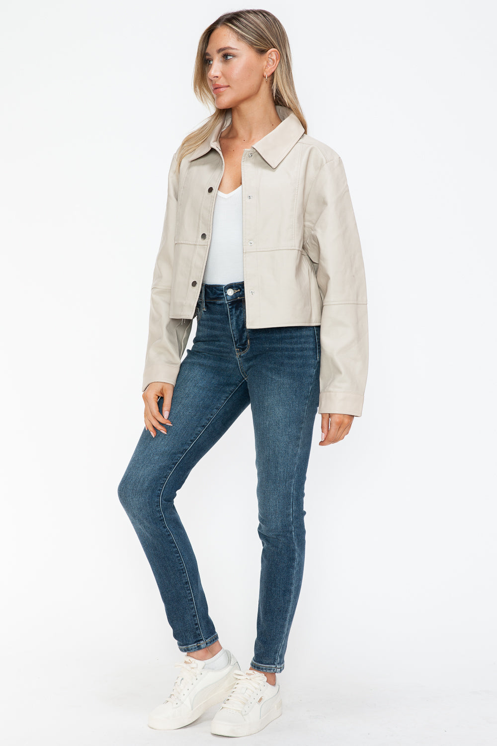 Snobbish Snap Down Long Sleeve PU Leather Jacket - Teresa's Fashionista LLC
