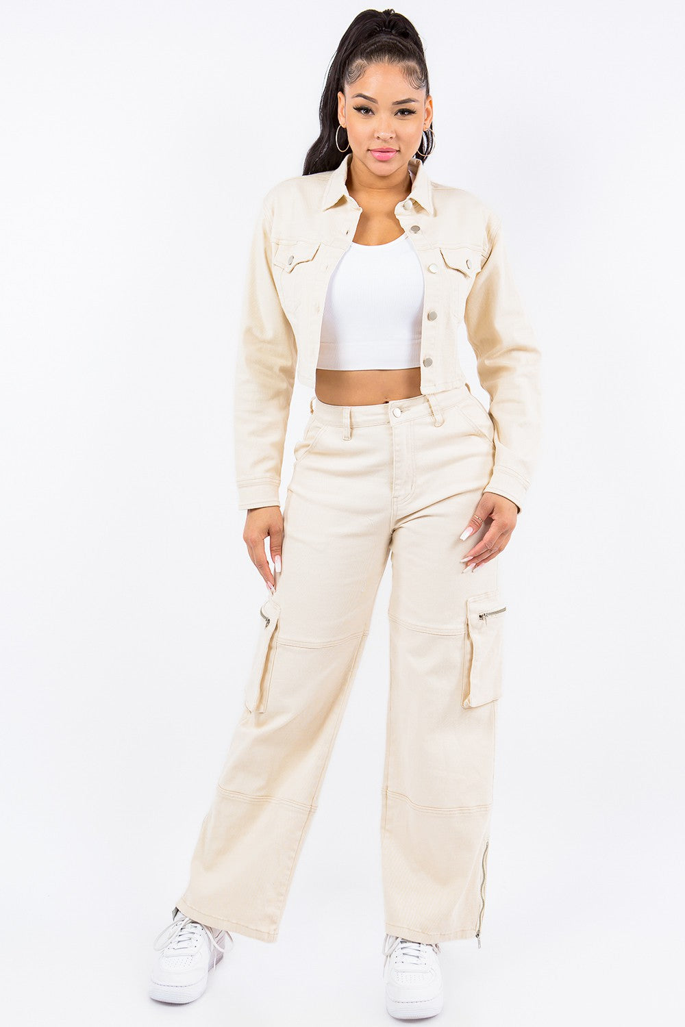 American Bazi Laced Back Cropped Jacket - Teresa's Fashionista LLC