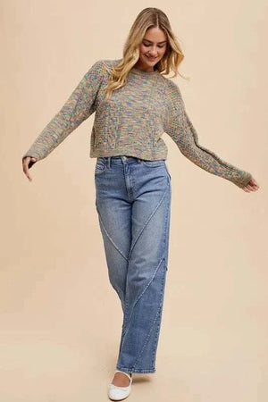 Annie Wear decorative seams wide leg jeans in blue denim with pocket details and slight stretch.