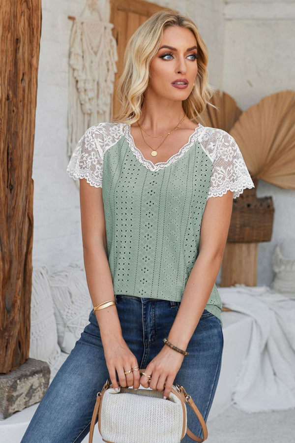 Eyelet V-Neck Lace Short Sleeve T-Shirt-Teresa's Fashionista LLC