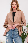 Celeste Full Size Rolled Leopard Cuff Open Front Blazer - Teresa's Fashionista LLC