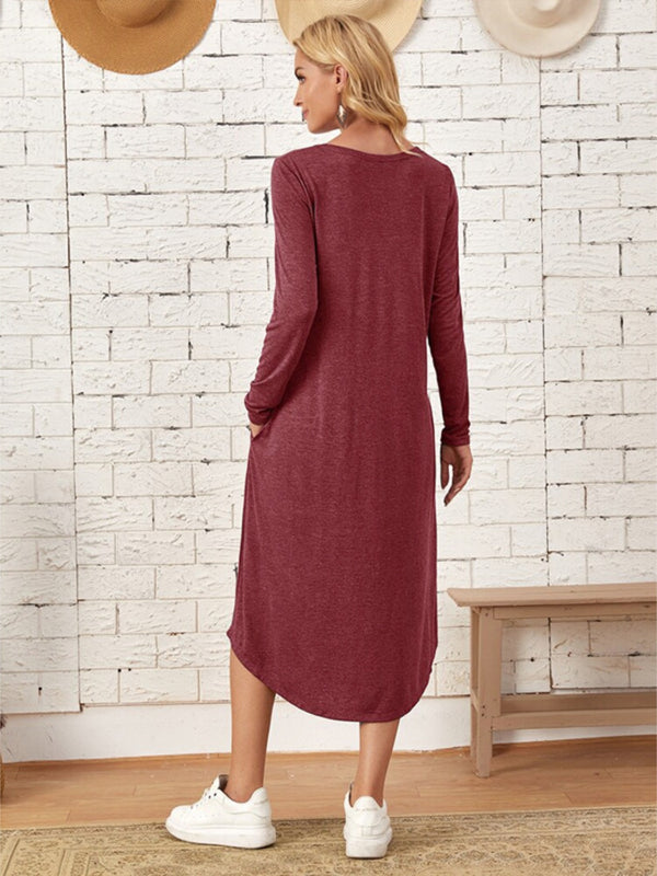 Pocketed Round Neck Long Sleeve Tee Dress-Teresa's Fashionista LLC