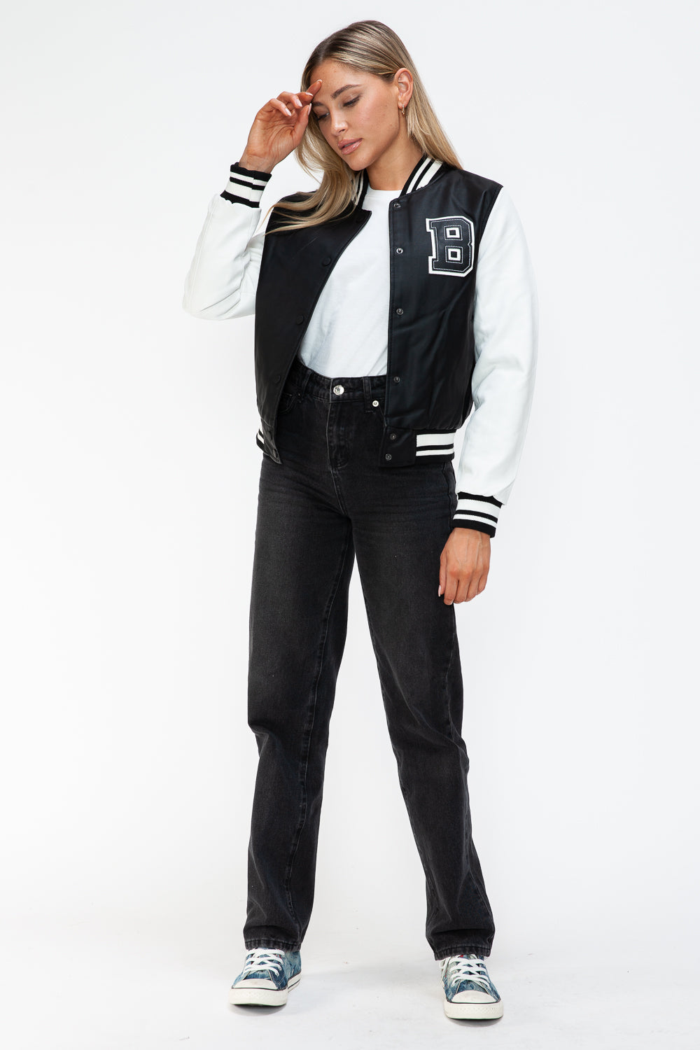 Love Me Now PU Leather Contrast Snap Down Bomber Jacket - Teresa's Fashionista LLC