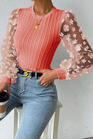 Textured Applique Long Sleeve Blouse-Teresa's Fashionista LLC