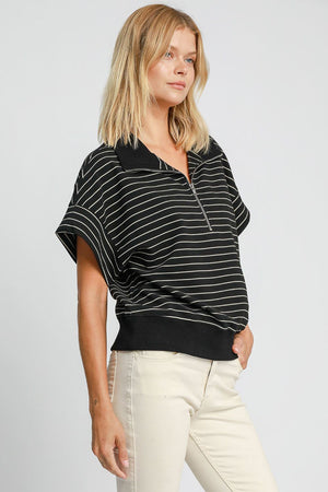 Umgee Striped Half Zip Short Sleeve Sweatshirt - Teresa's Fashionista LLC