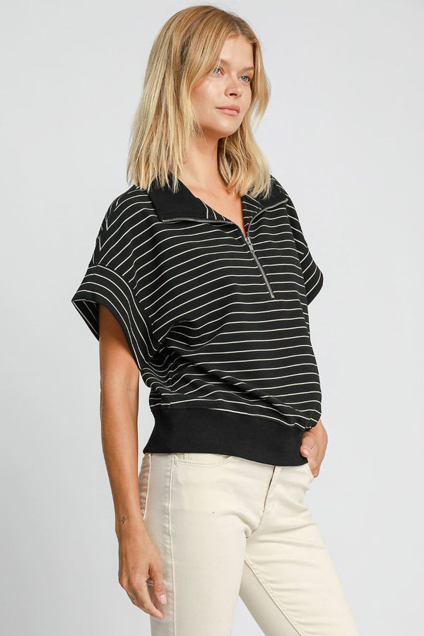 Umgee Striped Half Zip Short Sleeve Sweatshirt - Teresa's Fashionista LLC