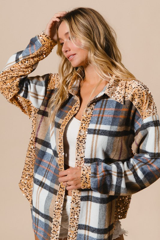 BiBi Curved Hem Sequin Plaid Button Up Shacket - Teresa's Fashionista LLC