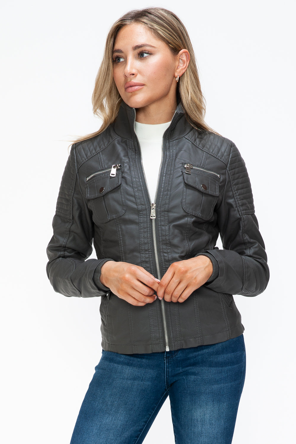 YMI Removable Faux Layered Multi-Pocket Jacket with Fuzzy Hood - Teresa's Fashionista LLC