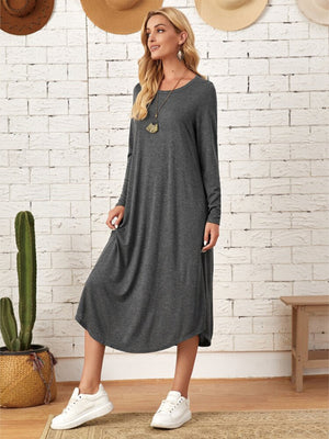 Pocketed Round Neck Long Sleeve Tee Dress-Teresa's Fashionista LLC