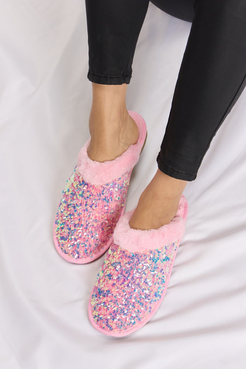 Forever Link Sequin Plush Round Toe Slippers-Teresa's Fashionista LLC