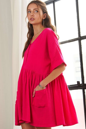 ADORA V-Neck Half Sleeve Dress with Pockets - Teresa's Fashionista LLC