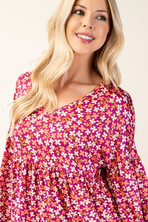 Celeste Full Size Floral V-Neck Balloon Sleeve Blouse - Teresa's Fashionista LLC